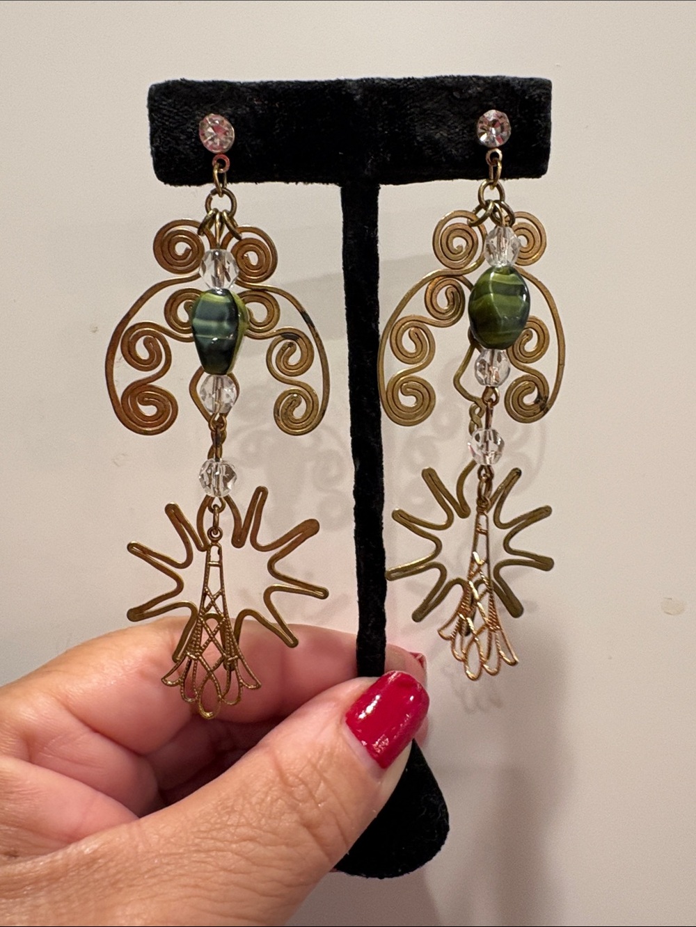 Vintage Brass Filigree Dangle Earrings with Green Bead and Crystal Accents